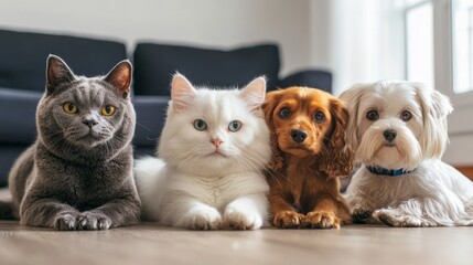 Naklejka na ściany i meble Four pets including a cat and three dogs lying together on a wooden floor in a cozy living room