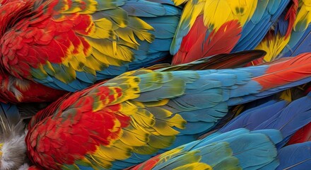 Close up of vibrant macaw parrot feathers in a colorful display.