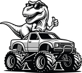 Cool T rex riding monster truck, black and white cartoon vector illustration of dinosaur with sunglasses and oversized off road vehicle © LITON WORLD