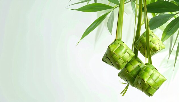 Minimalist Eid al-Fitr background with hanging ketupat made of woven young coconut leaves on white background
