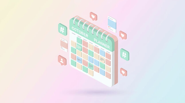 Isometric Social Media Planner Calendar Illustration with Icons of Likes and Hashtags, Representing Content Scheduling and Online Engagement Strategy
