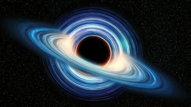 Illustration of a black hole with a glowing accretion disk and a star field backdrop