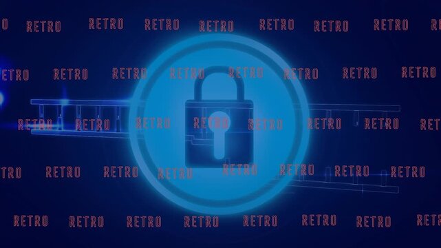 Animation of retro texts moving over padlock in blue circle