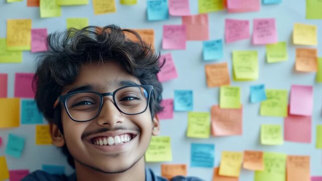 Smiling boy with glasses surrounded by colorful sticky notes in a study area