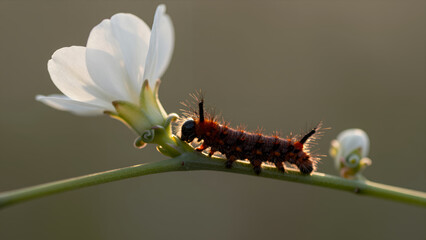 Obraz premium Close-up of a Fuzzy Orange and Black Caterpillar Crawling on a Green Stem Near White Flowers in Soft Natural Light with Shallow Depth of Field