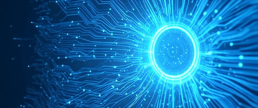 Futuristic digital interface with glowing blue circuits pulsates, while the camera slowly pans across a dynamic, abstract network; cinematic style enhances technology and innovation themes.