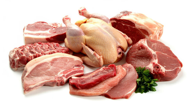 Assorted raw meat cuts and chicken on white beef pork