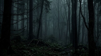 Fototapeta premium eerie dark forest, mist and shadows in dense woods,mystery category, atmospheric spooky woodland backgrund