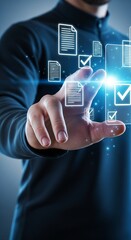 Fototapeta premium Business Man Interacting with Virtual Document Management System Photography, Illustrating Digital Data Processing, Security, and Future Technology.
