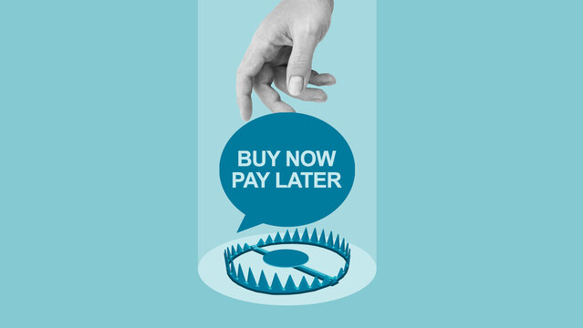 Buy Now Pay Later trap concept, hand reaching toward dangerous bear trap with BNPL message, consumer debt risk, easy credit temptation, financial danger and impulsive online shopping problem