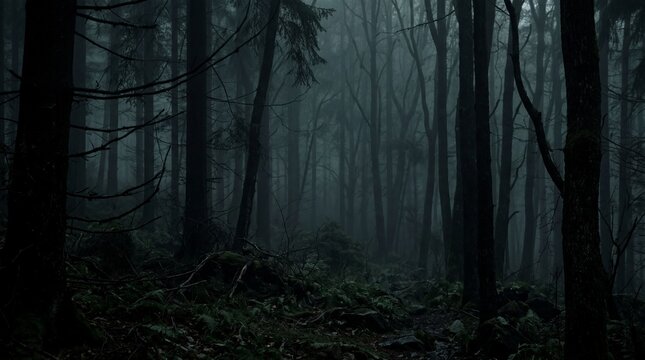 eerie dark forest, mist and shadows in dense woods,mystery category, atmospheric spooky woodland backgrund