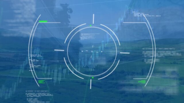 Animation of data processing and scope scanning over time-lapse of people waking on the street