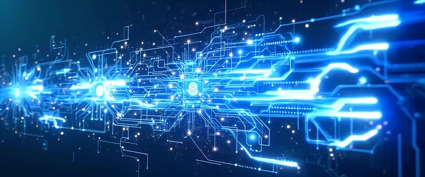 Digital circuit board pulses with light, as the camera slowly pans across a futuristic, cybernetic landscape; a cinematic exploration of technology, innovation, and connectivity.