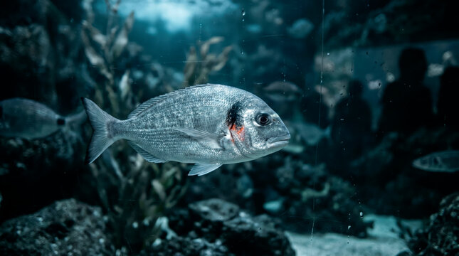Sea bream swimming underwater in aquarium habitat