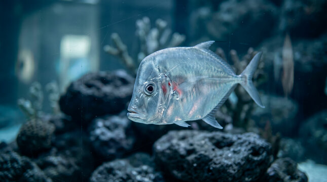 Silvery lookdown fish swimming gracefully in marine aquarium
