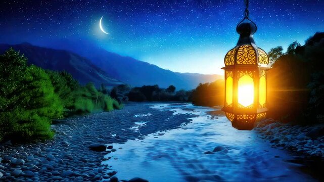 Scenic night view with river, mountains, crescent moon, starry sky, and lit lantern