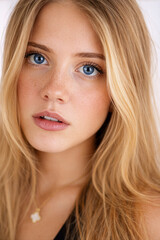 Nat&uuml;rliches Frauenportr&auml;t mit Sommersprossen und blauen Augen &ndash; Nahaufnahme eines jungen Gesichts