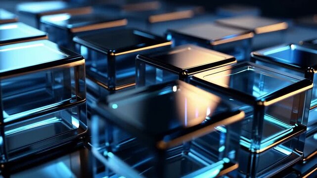 Cubes of various sizes fill the dark space. Light reflects off their surfaces, creating patterns and shapes that shift as the camera moves closer and further away.