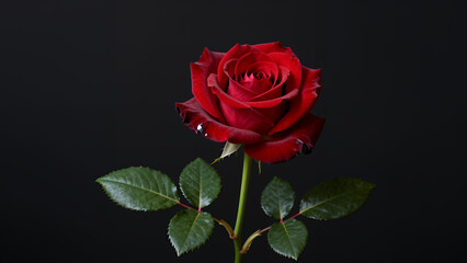 Elegant Red Rose with Dew Drops and Green Leaves Isolated on Black Background for Romantic or Luxury Design Projects