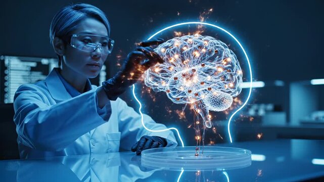 Woman scientist examines seedling with holographic data in futuristic laboratory. Researcher analyzes plant growth with digital display. Scientist studies seedling data. Laboratory plant research work