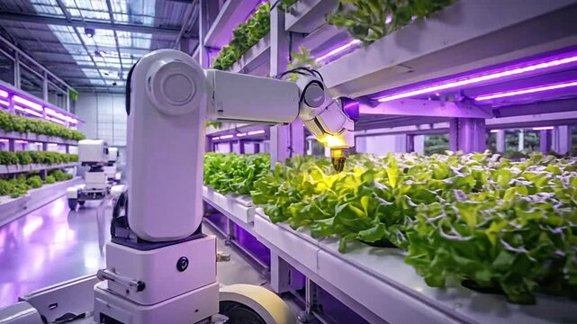 Automated robots tend to rows of green plants growing under purple lights in a modern facility