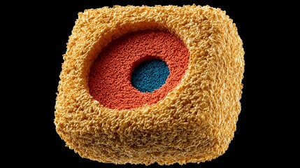 Artistic rendering of a textured, layered cube with concentric circles of orange and blue