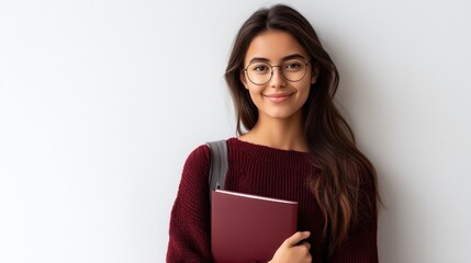 Fototapeta premium Smiling Young Woman Student with Glasses Holding Book