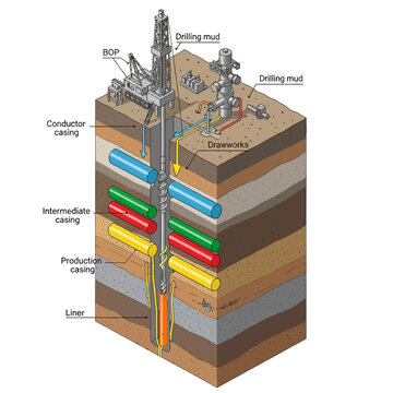 Detailed Diagram of Oil and Gas Drilling Operation with Casing Layers.