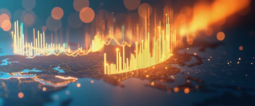 Cinematic aerial view of glowing financial data rising over a digital world map, with gentle camera pan and ambient light motion, ideal for global business and technology themes.