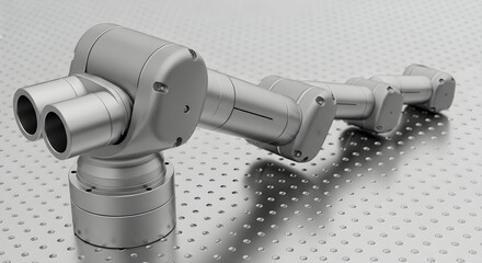 Modern industrial robotic arm in sleek metallic finish on perforated metal surface