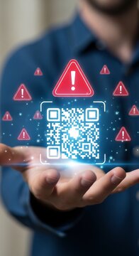 QR Code Security Warning with Exclamation Marks and Digital Glitch Effect, Cybersecurity Concept, 3D Render