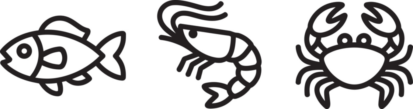 Seafood icons featuring fish, shrimp, and crab, representing marine life