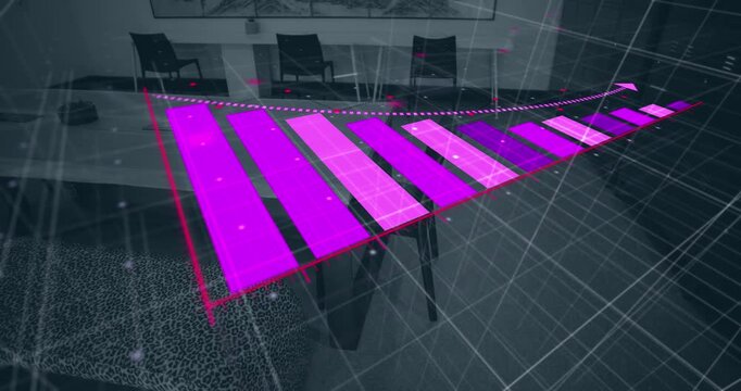 Animation of bar graph with arrow downgrading over empty chairs and tables arranged in office