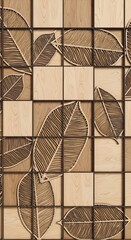 Seamless Pattern of Stylized Leaves on a Tiled Background.