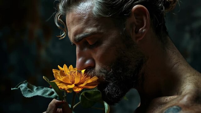 A man gazes at an orange flower while holding it near his face. He shows different expressions as he interacts with the flower.