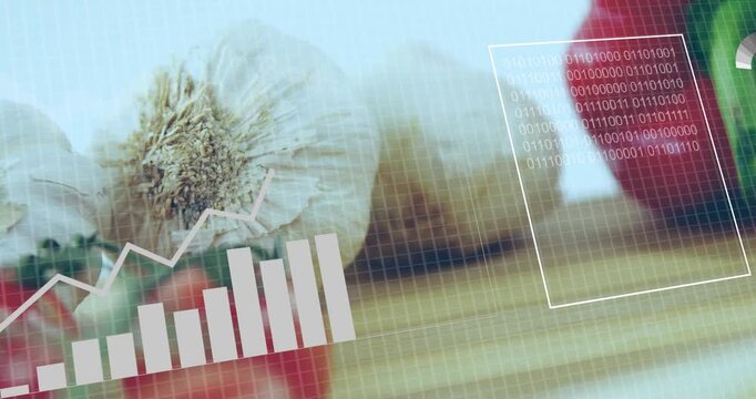 Garlic and tomatoes with financial data and binary code animation overlay