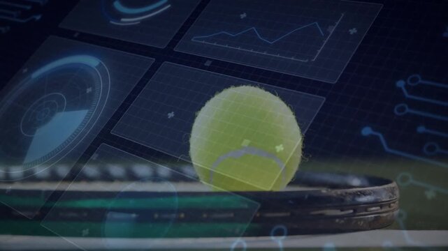 Tennis ball being balanced on racket strings in animated tech layout, showing grids, radar, charts
