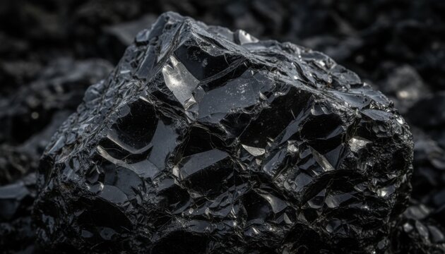 Close-up view of a rough, unpolished obsidian rock showcasing its natural volcanic texture and deep black facets