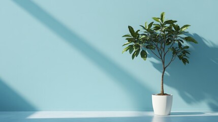 Naklejka premium A potted plant stands against a light blue wall, casting shadows in a minimalistic setting