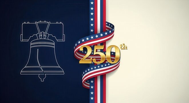 Elegant 250th anniversary design with golden numbers, Liberty Bell outline and patriotic ribbon. Luxury background for United States 250 years celebration and historical independence.