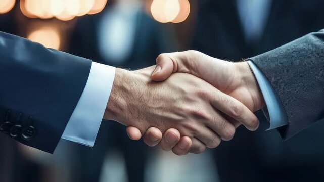Businessmen shake hands in a meeting to finalize a deal in a modern office setting during the day