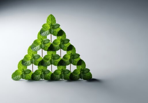 Fresh mint leaves arranged in a pyramidal, binary tree structure on a plain surface, illustrating a conceptual data structure, visual, concept, food