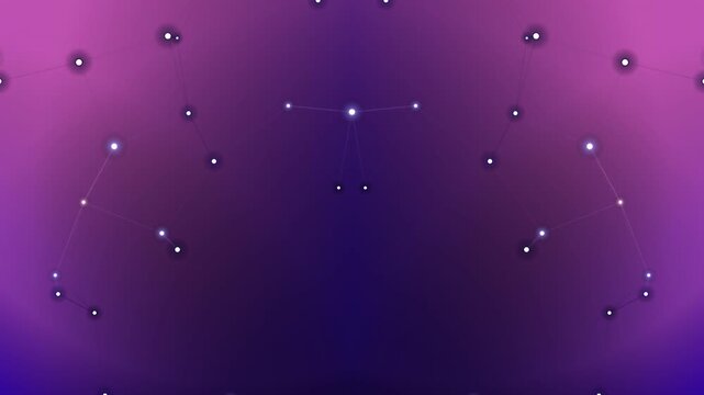 Abstract cosmic constellation of glowing stars forming geometric patterns against a vibrant purple and pink gradient background, science fiction.