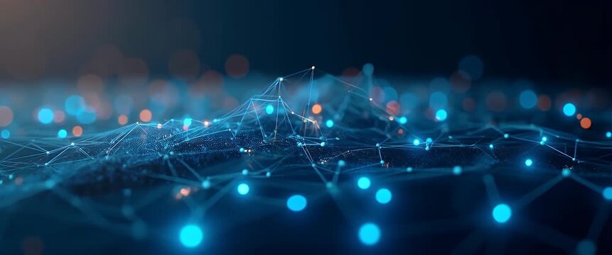 Cinematic abstract digital network with glowing nodes gently pulsating, camera slowly panning over a futuristic landscape, showcasing data flow and innovation in a soft ambient glow.