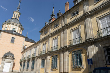 Obraz premium Historic building with architectural features and blue sky.. Royal Palace of La Granja de San Ildefonso, Spain