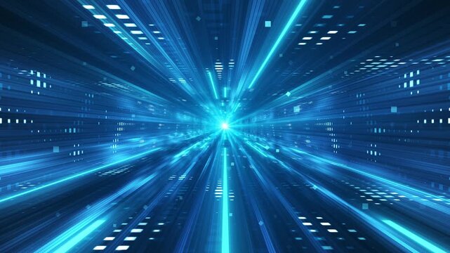 Technology particle lines tunnel, particle rays shuttle through space, tech particle lines background, wireless data network and connection technology concept, high-speed future abstract background.