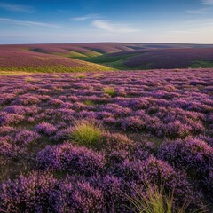 Obraz premium Wild purple heather blooms covering vast moorland terrain. A beautiful, rugged, expansive natural landscape view under a blue sky, terrain, moor, heathland