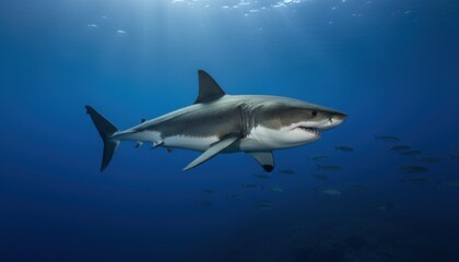 Powerful Great White Shark Gliding Through Deep Blue Ocean Waters with Sunlight Rays Above