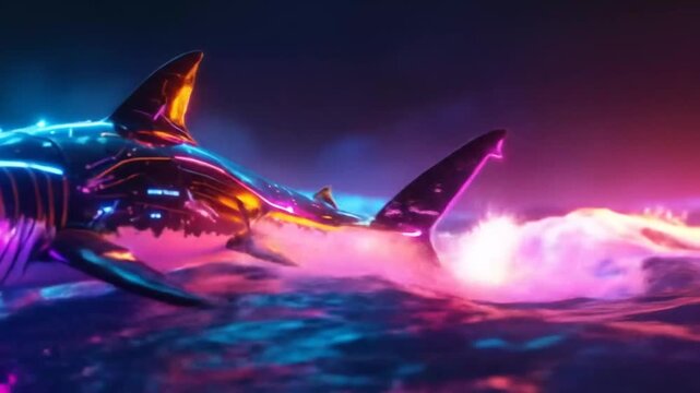 Futuristic cybernetic shark in neon waters