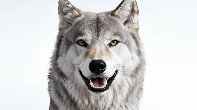 Close-Up of a Gray Wolf's Face With Bright Yellow Eyes and Open Mouth